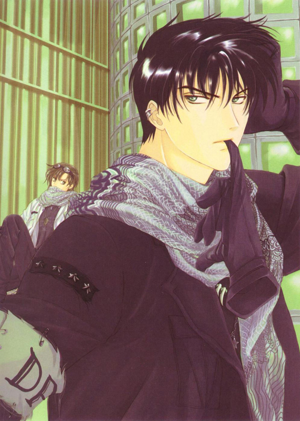 black_hair, brown_hair, clamp, earrings, gloves, gohou_drug, green_eyes, himura_rikuo