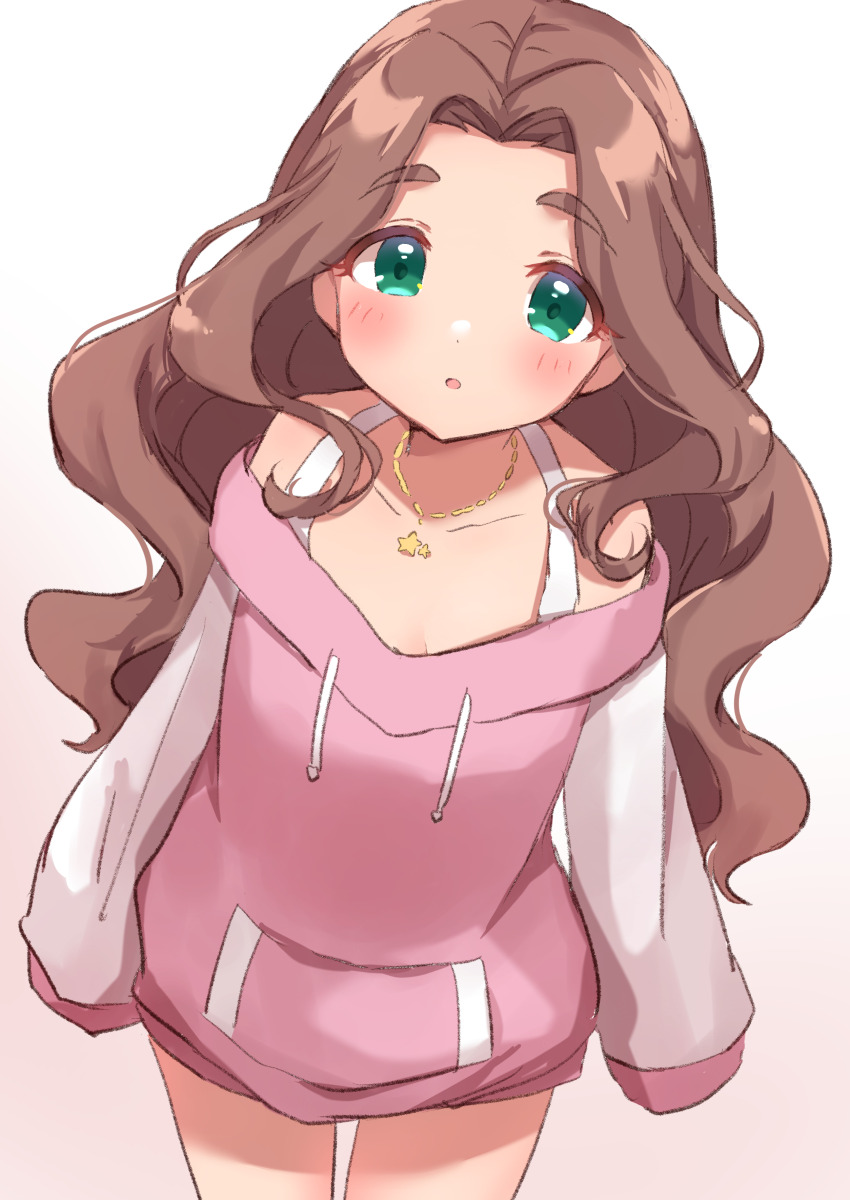 1girl, absurdres, blush, breasts, brown_hair, cleavage, green_eyes, highres