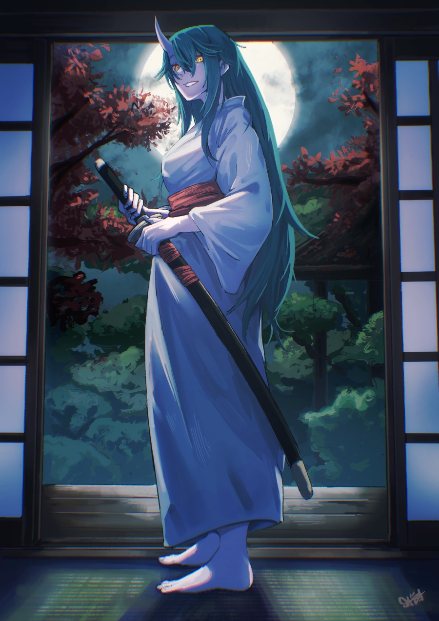 1girl, arknights, backlighting, barefoot, belt, full_body, full_moon, glowing