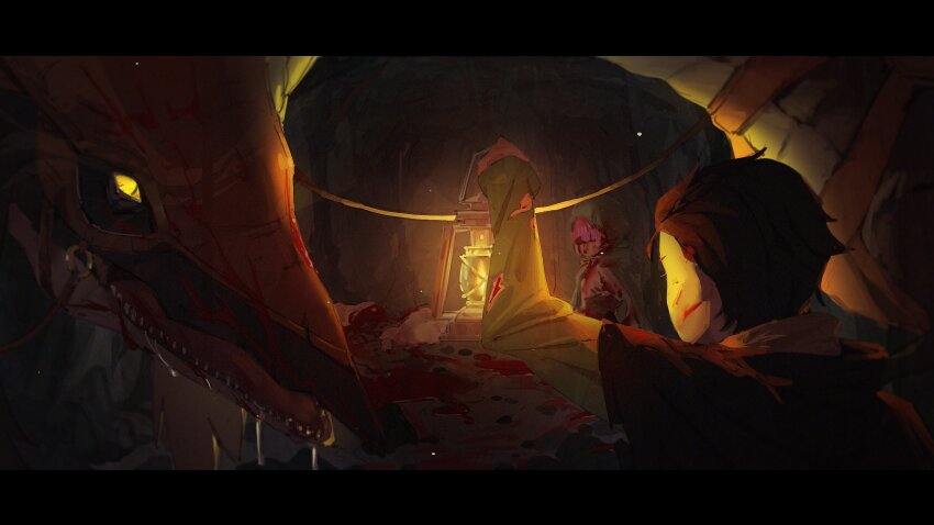 1boy, 2girls, anastasia_hoshin, bisected, black_hair, blood, blood_on_face, cave