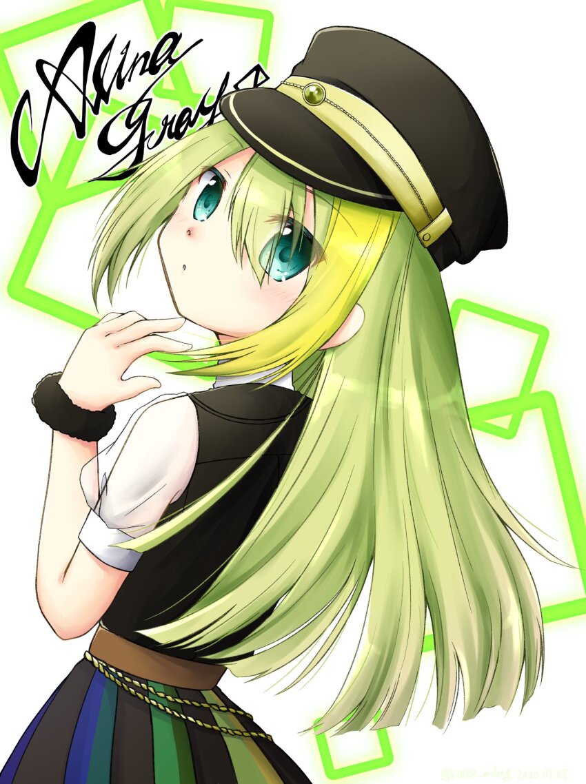 1girl, alina_gray, aqua_eyes, black_hat, black_vest, blonde_hair, chain, character_name