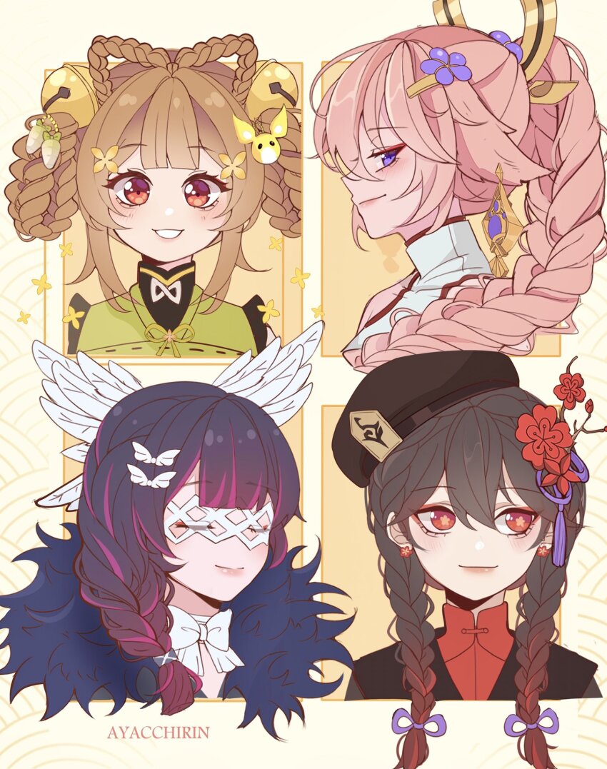 4girls, alternate_hairstyle, artist_name, ayacchirin, bell, black_hair, black_headwear, braid