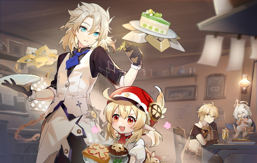 2boys, 2girls, absurdres, aether_(genshin_impact), albedo_(genshin_impact), albedo_(sweets_paradise)_(genshin_impact), apple_juice, aqua_eyes