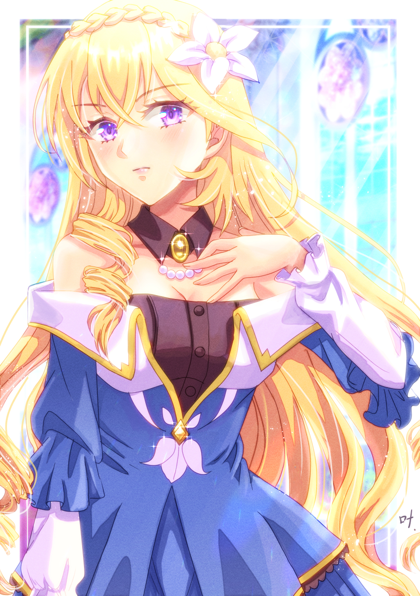 1girl, absurdres, bare_shoulders, blonde_hair, blue_dress, blue_eyes, braid, braided_bangs