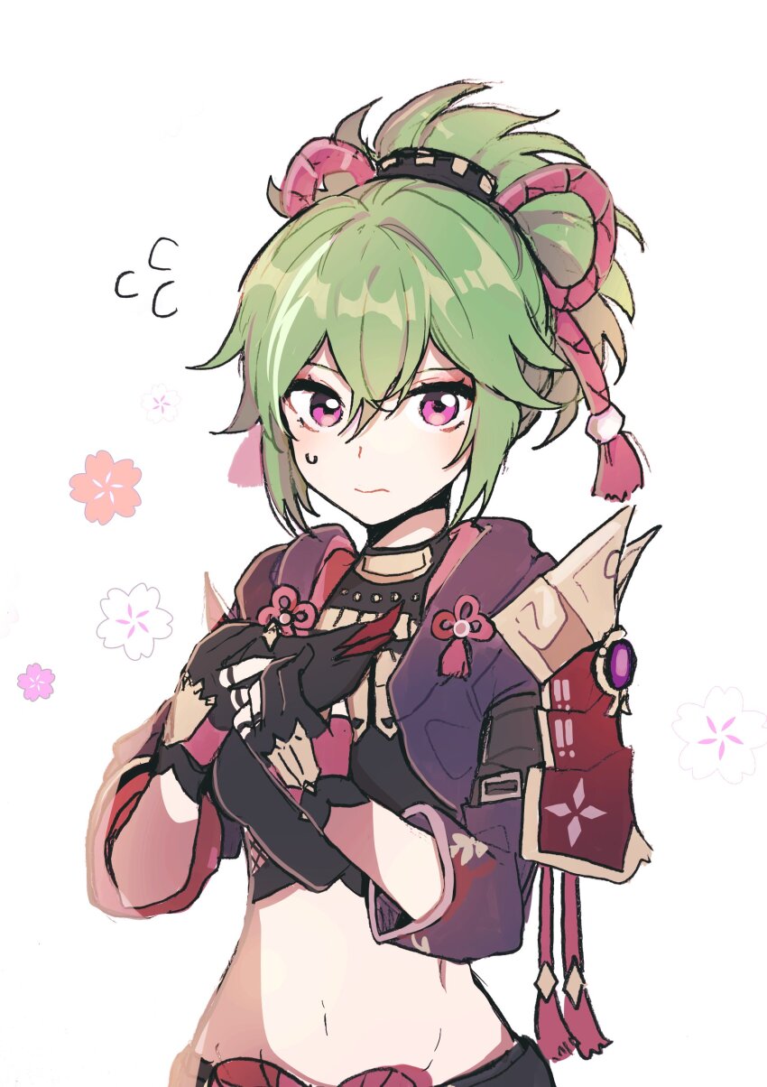 1girl, 5rwpvc, absurdres, armor, black_gloves, closed_mouth, flower, genshin_impact