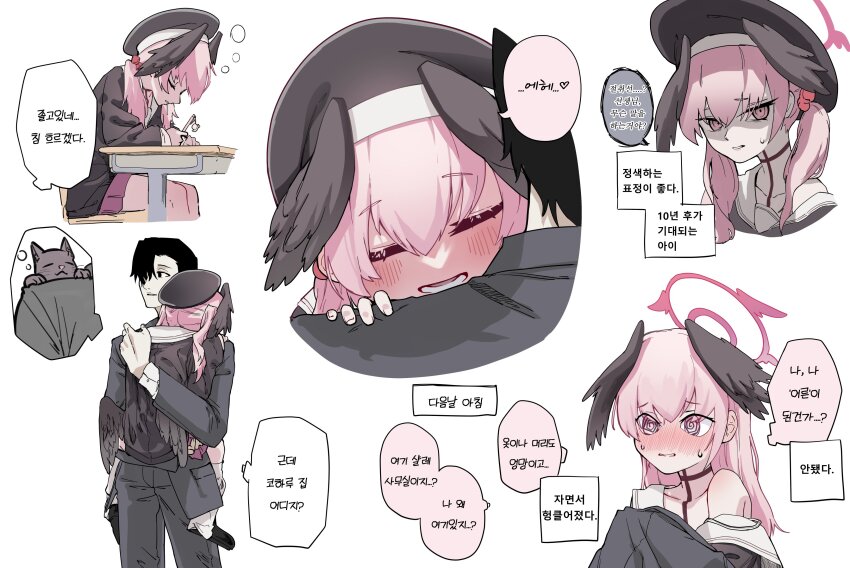 1girl, absurdres, angel_wings, black_headwear, black_shirt, black_wings, blue_archive, cat