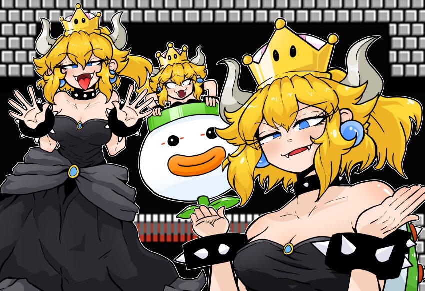 absurdres, black_dress, blonde_hair, blue_eyes, bonh_hmhm, bowsette, bracelet, breasts, cleavage, collar, collarbone, constricted_pupils, dress, earrings, fangs, fangs_out, half-closed_eyes, highres, horns, jewelry, large_breasts, looking_at_viewer, mario_(series), medium_breasts, new_super_mario_bros._u_deluxe, nintendo, open_mouth, spiked_bracelet, spiked_collar, spikes, strapless, strapless_dress, super_crown, super_mario_bros._1, tongue, tongue_out, turtle_shell