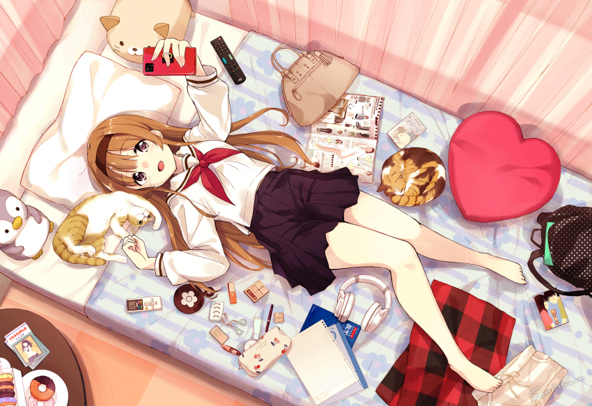 1girl, absurdly_detailed_composition, animal, backpack, bag, barefoot, bed, bedroom