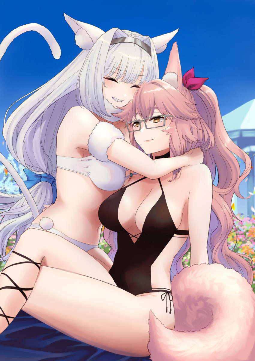 2girls, absurdres, animal_ear_fluff, animal_ears, bikini, black_one-piece_swimsuit, blue_bow, blue_eyes