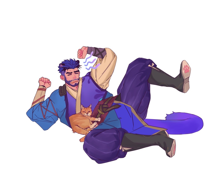 1boy, absurdres, animal_ears, bara, beard, black_hair, cat, cat_boy