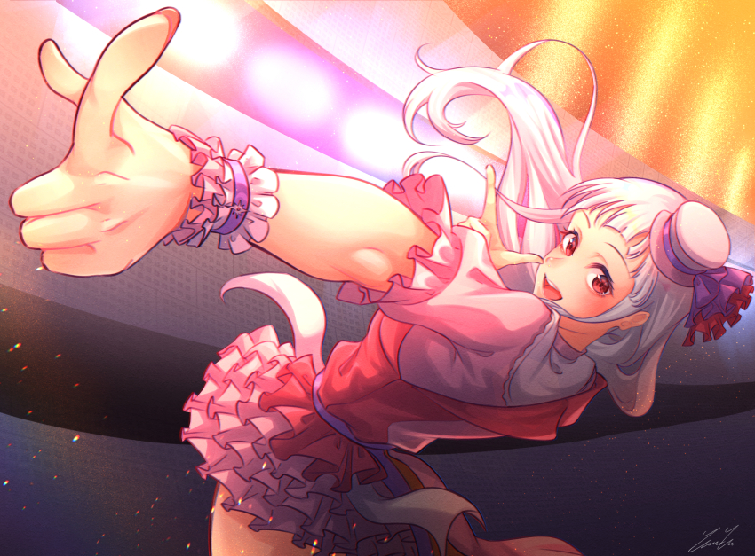 1girl, absurdres, arashi_chisato, birthday, commentary, finger_gun, hair_down, hat