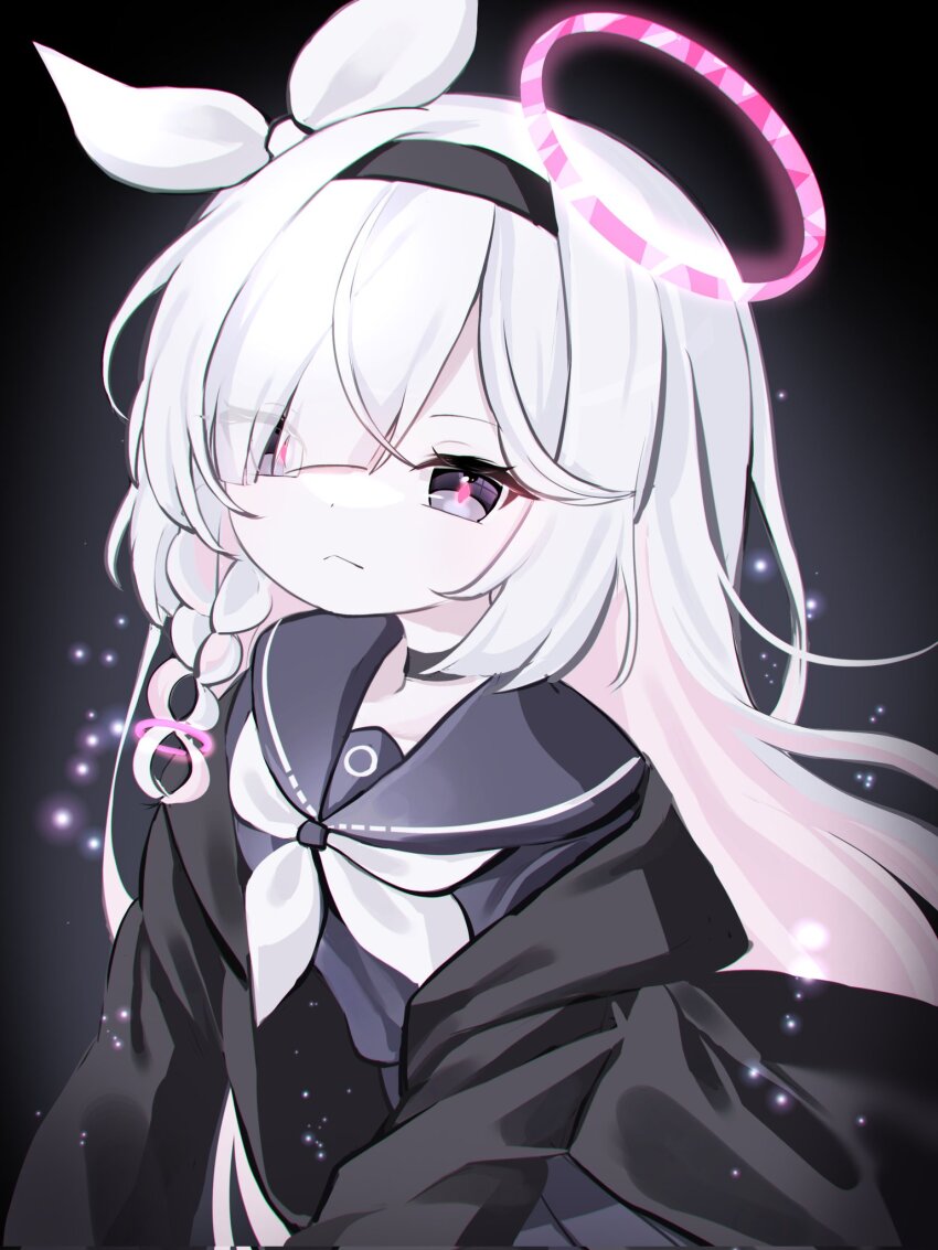 1girl, plana_(blue_archive), black_choker, black_coat, black_eyes, black_hairband, black_sailor_collar, black_serafuku, blue_archive, bow, braid, choker, coat, colored_inner_hair, eyes_visible_through_hair, hair_bow, hair_over_one_eye, hairband, halo, highres, long_hair, multicolored_hair, neckerchief, open_clothes, open_coat, pink_hair, red_pupils, redblack_2468, sailor_collar, school_uniform, serafuku, single_braid, solo, very_long_hair, white_hair, white_neckerchief
