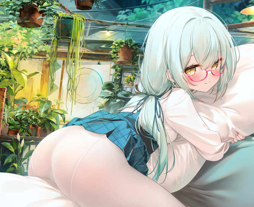 1girl, ass, blush, breasts, chen_bin, glasses, gradient_hair, green_hair