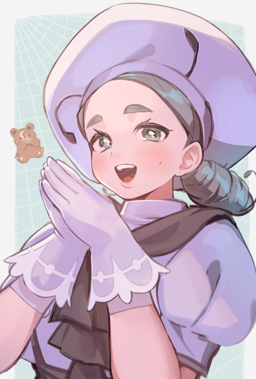 1girl, :d, ascot, blush, brown_ascot, commentary_request, gen_2_pokemon, gloves, green_eyes, green_hair, hands_up, hat, highres, katy_(pokemon), low_ponytail, low_side_ponytail, mole, mole_on_cheek, motsuni-komi, nintendo, open_mouth, own_hands_together, pokemon, pokemon_scarlet_and_violet, ponytail, puffy_sleeves, shirt, short_sleeves, side_ponytail, smile, teddiursa, teeth, tongue, upper_body, upper_teeth_only, white_gloves, white_headwear, white_shirt