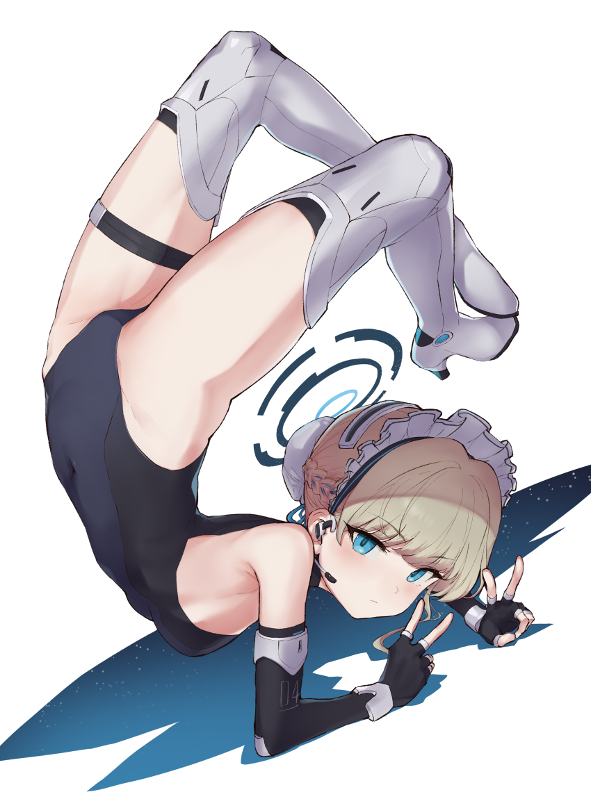1girl, absurdres, armored_boots, armpit_crease, black_gloves, blonde_hair, blue_archive, blue_eyes