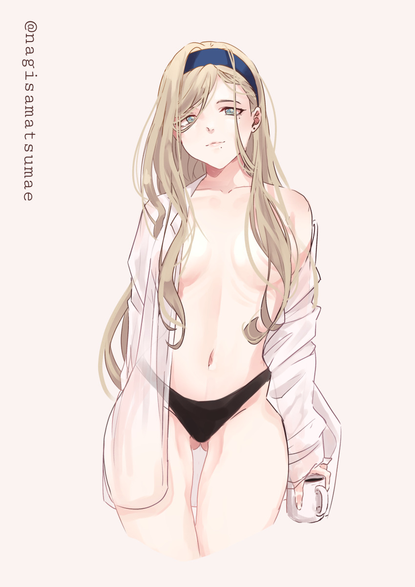 1girl, absurdres, black_panties, blonde_hair, blue_eyes, blue_hairband, breasts, coffee_mug, cup, dress_shirt, gluteal_fold, hair_between_eyes, convenient_hair, hair_over_breasts, hairband, highres, holding, holding_cup, kantai_collection, long_hair, medium_breasts, mole, mole_under_eye, mole_under_mouth, mug, nagisamatsumae, navel, no_bra, one-hour_drawing_challenge, open_clothes, open_shirt, panties, richelieu_(kancolle), shirt, solo, underwear, very_long_hair, white_shirt