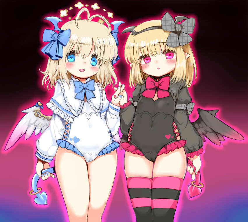 2girls, ahoge, ajitarou_(setsu), angel_feather_alma, black_leotard, black_sleeves, black_thighhighs, blonde_hair, blue_eyes, blush, bow, brown_hair, cameltoe, covered_erect_nipples, covered_navel, dark_feather_alma, demon_tail, emil_chronicle_online, fang, feathered_wings, feathers, female_focus, gradient_background, hair_bow, hairband, heart, heart-shaped_pupils, heart_in_eye, highres, holding_hands, holding_own_tail, leotard, loli, long_sleeves, looking_at_viewer, multiple_girls, nail_polish, open_mouth, pointy_ears, red_eyes, ribbon, short_hair, simple_background, smile, standing, striped_clothes, striped_thighhighs, symbol-shaped_pupils, symbol_in_eye, tail, tail_ornament, tail_ring, thighhighs, thighs, white_leotard, white_sleeves, wings