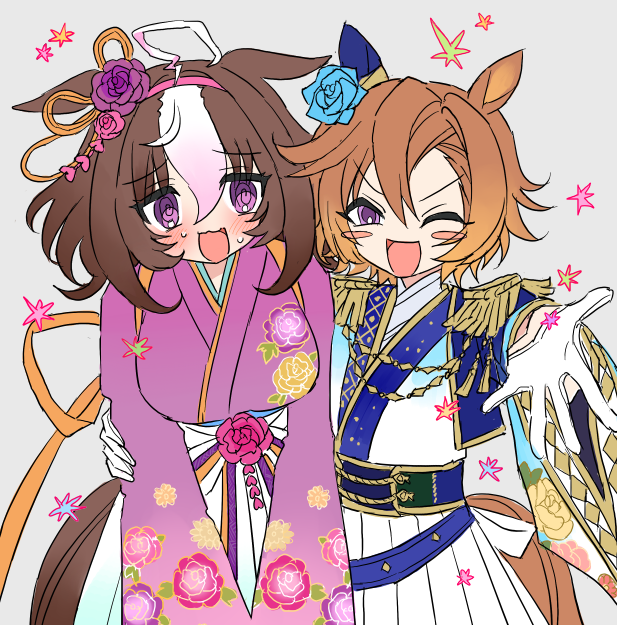 2girls, ahoge, animal_ears, blue_jacket, blush, blush_stickers, breasts, brown_hair