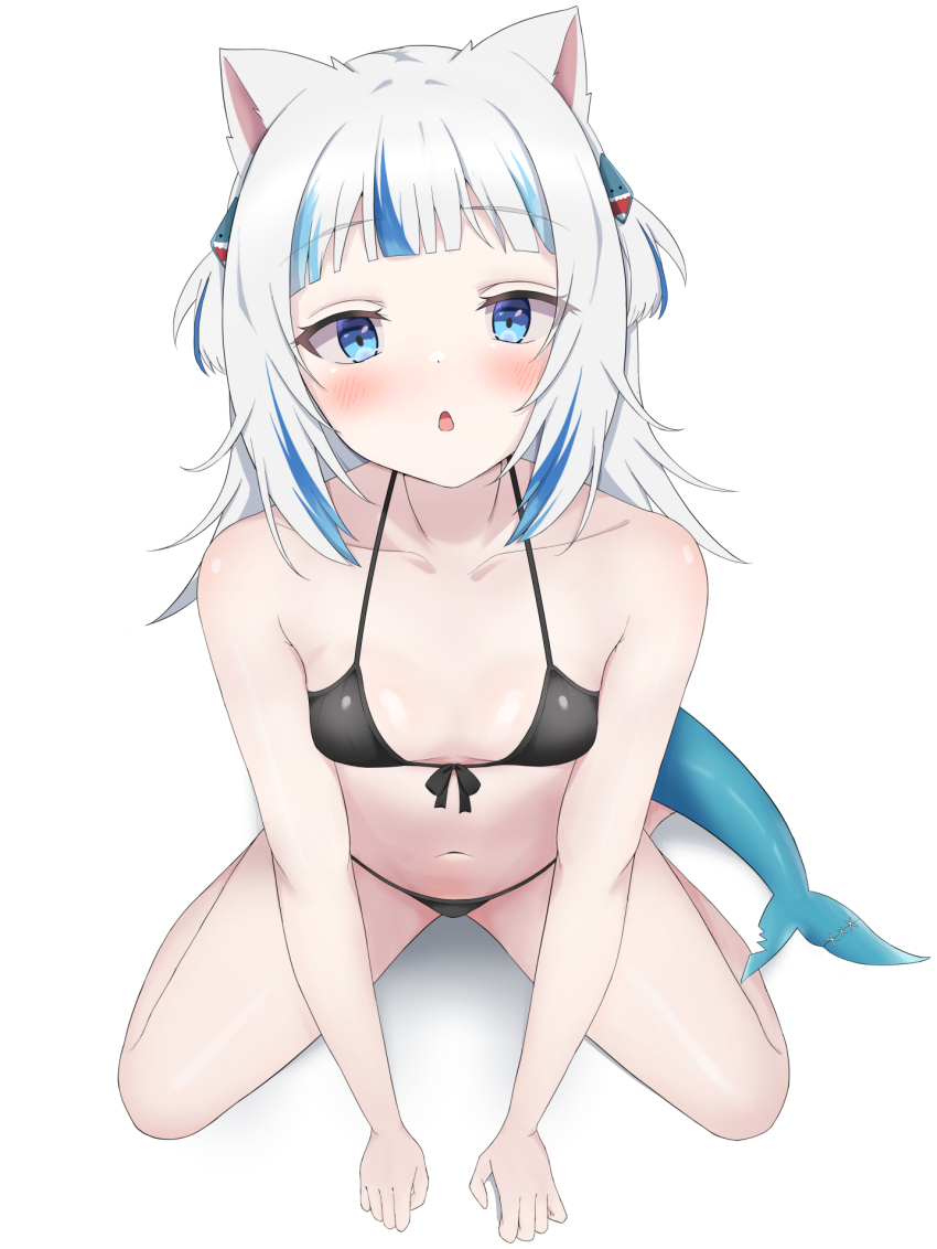 1girl, :o, animal_ears, bare_arms, bare_legs, bikini, black_bikini, blue_eyes