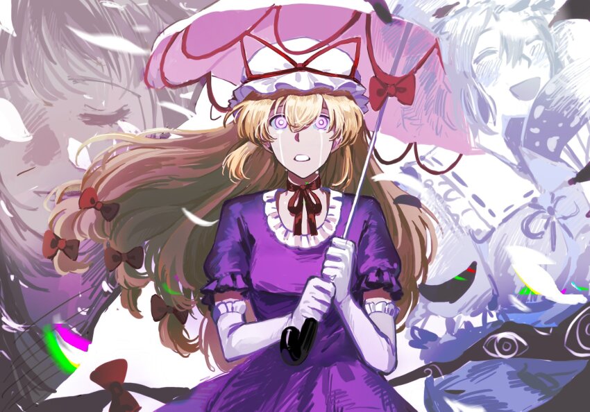 2girls, blonde_hair, bow, crying, crying_with_eyes_open, dorupi, dress, elbow_gloves