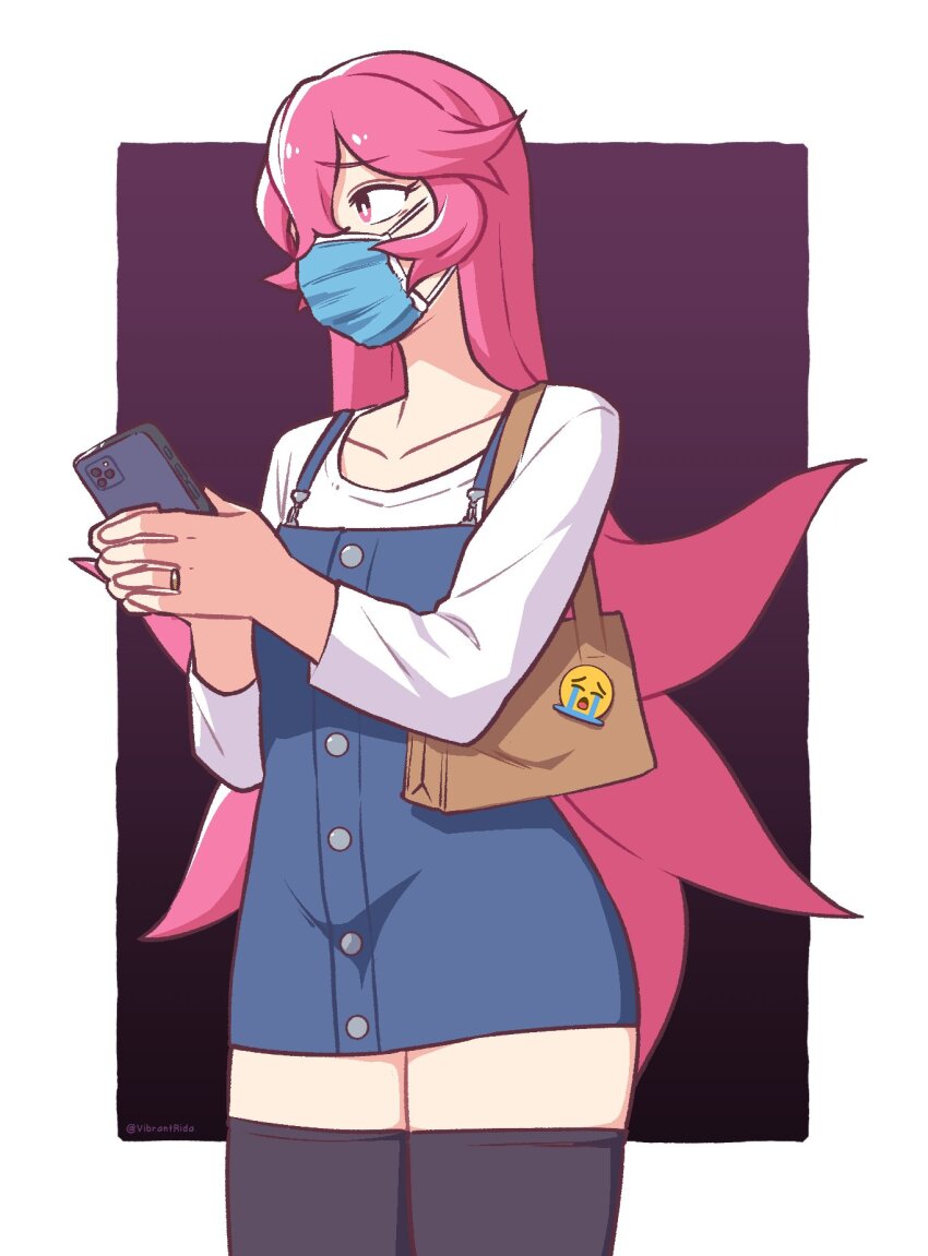 1girl, bag, black_thighhighs, blue_dress, commentary, cosplay, dress, emergence_(shindol)