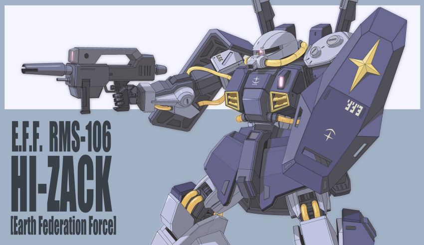 character_name, english_text, gun, gundam, highres, hizack, mecha, mecha_focus