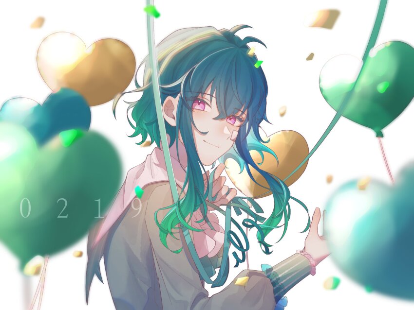 1boy, akuma_shitsuji_to_kuroi_neko, aqua_hair, balloon, bastien_kelly, blue_hair, blush, closed_mouth, dated, highres, hydrangea_salty, looking_at_viewer, looking_back, male_focus, multicolored_hair, purple_eyes, short_hair_with_long_locks, smile, solo, white_background
