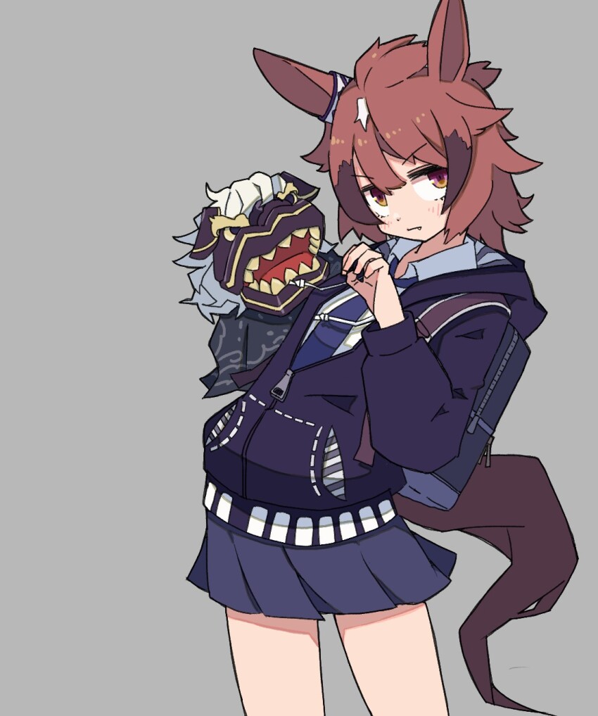 1girl, animal_ears, backpack, bag, black_jacket, blue_necktie, blue_skirt, blush