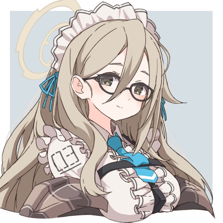 1girl, akane_(blue_archive), aki_inu, black-framed_eyewear, blue_archive, blue_necktie, border, brown_shawl