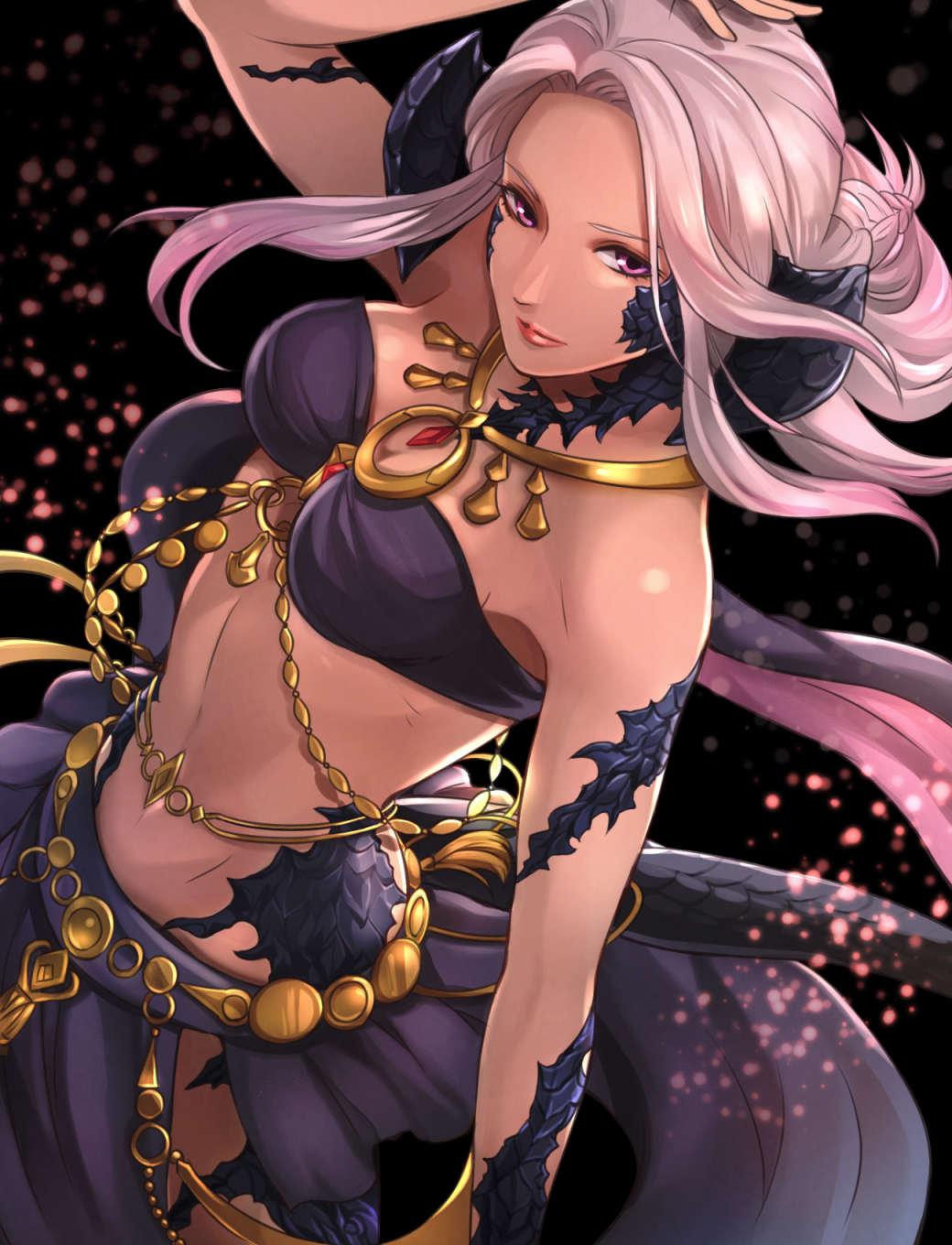 1girl, au_ra, warrior_of_light_(ff14), bare_shoulders, braid, breasts, chain, denka_(cloudy-gray), dragon_girl, dragon_horns, dragon_tail, final_fantasy, final_fantasy_xiv, gem, gold_chain, gold_necklace, highres, horns, jewelry, lips, medium_breasts, medium_hair, midriff, navel, necklace, pink_eyes, pink_hair, red_gem, scales, skirt, solo, stomach, tail
