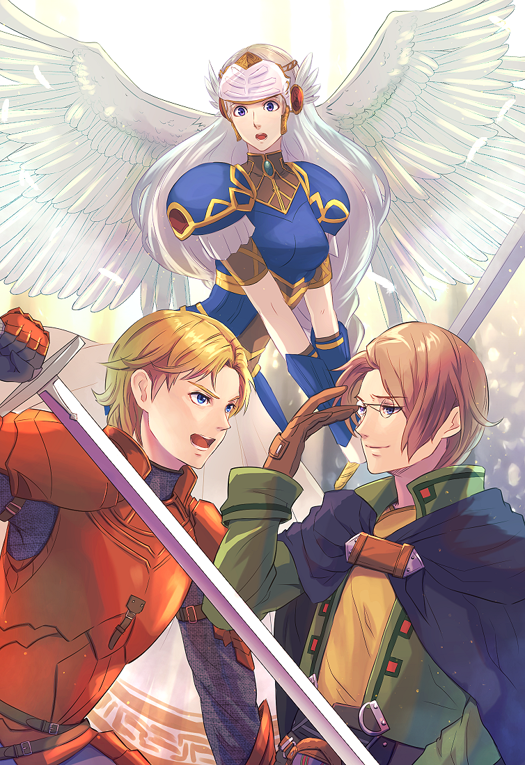 2boys, armor, blonde_hair, blue_armor, blue_eyes, gauntlets, helmet, lenneth_valkyrie