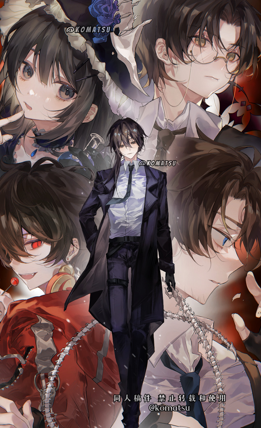 1girl, 4boys, absurdres, bai_liu, belt, black_belt, black_dress, black_gloves, black_hair, blue_eyes, blue_gem, blunt_bangs, bottle, brown_hair, candy, choker, closed_mouth, collar, collared_shirt, detached_collar, dress, earrings, eyewear_strap, finger_to_mouth, fingerless_gloves, flower, food, frilled_collar, frilled_hat, frills, gem, glasses, gloves, hair_between_eyes, hair_ornament, hairclip, half_gloves, hat, headphones, headphones_around_neck, highres, holding, holding_bottle, holding_candy, holding_food, holding_weapon, i_became_a_god_in_a_horror_game, jacket, jewelry, light_smile, liu_jiayi, long_hair, looking_at_viewer, low-tied_long_hair, mu_ke, mu_sicheng, multiple_boys, open_mouth, profile, purple_flower, purple_rose, red_eyes, red_jacket, ribbon_choker, rose, round_eyewear, semi-rimless_eyewear, shirt, sidelocks, slit_pupils, smile, sparkle, stud_earrings, suit_jacket, tang_erda, transparent, under-rim_eyewear, weapon, white_shirt, witch_hat, yua37