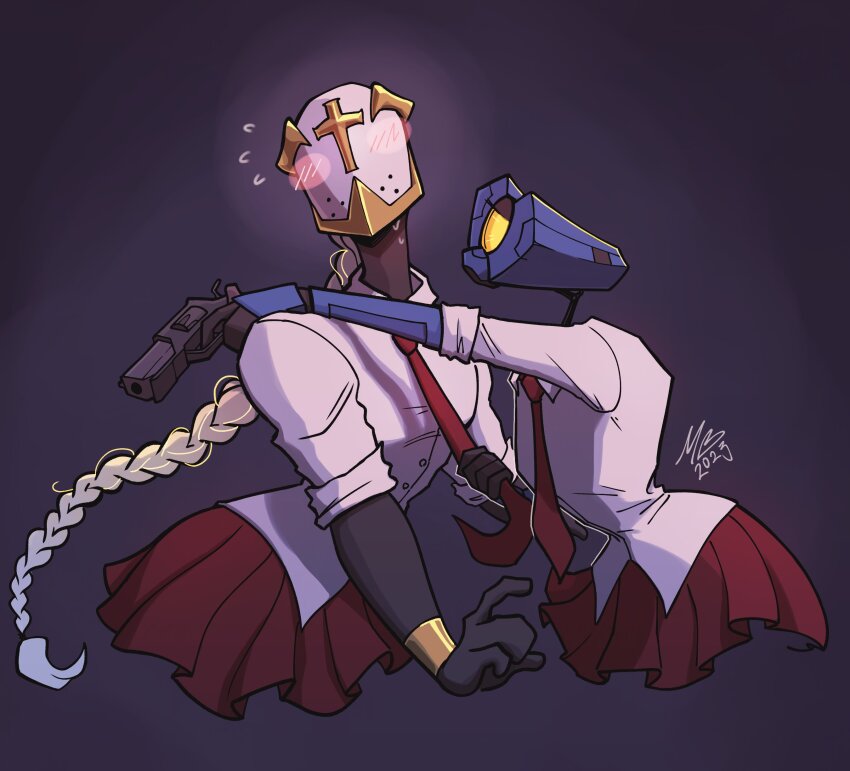 absurdres, arms_around_neck, artist_request, blush, braid, cross, gabriel_(ultrakill), helmet, highres, necktie, pulling, robot, school_uniform, skirt, ultrakill, v1_(ultrakill)