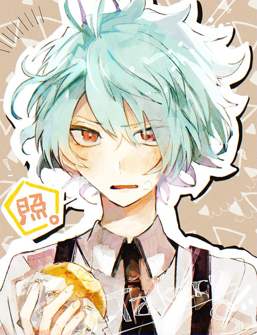 1boy, aqua_hair, black_necktie, blush, collar_x_malice, collared_shirt, donut, food