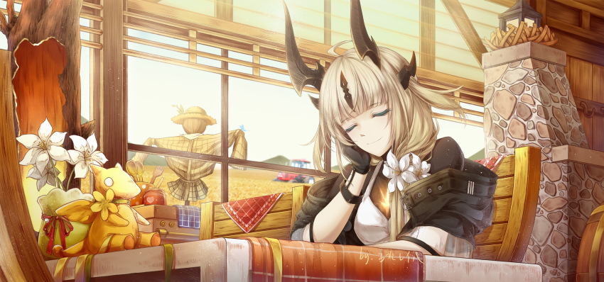 1girl, absurdres, arknights, black_gloves, blonde_hair, blunt_bangs, closed_eyes, commentary_request