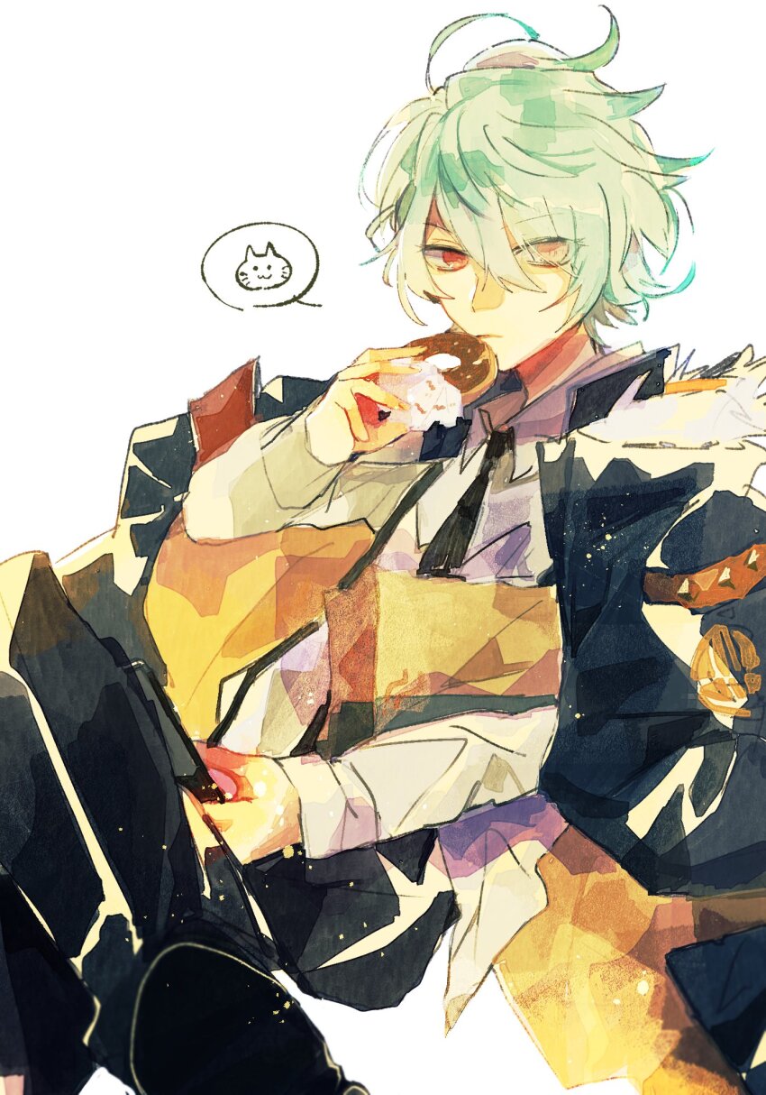1boy, aqua_hair, black_jacket, black_necktie, closed_mouth, collar_x_malice, collared_shirt, donut