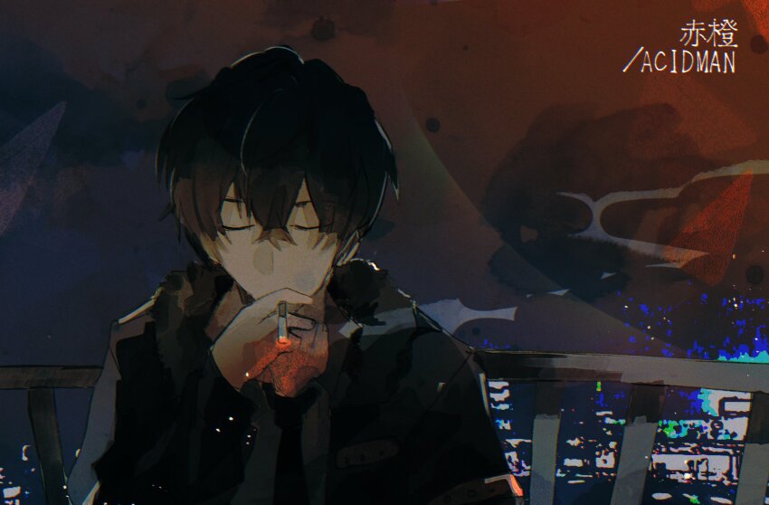 1boy, balcony, black_hair, black_jacket, black_necktie, cigarette, cityscape, closed_eyes, collar_x_malice, collared_shirt, facing_viewer, fur-trimmed_jacket, fur_trim, grey_shirt, highres, holding, holding_cigarette, jacket, long_sleeves, male_focus, miya00san, necktie, night, shirt, short_hair, sky, smoking, solo, translation_request, yanagi_aiji