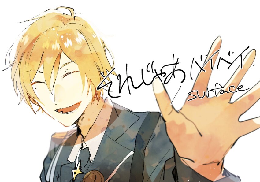 1boy, black_jacket, blonde_hair, closed_eyes, collar_x_malice, collared_shirt, highres, jacket