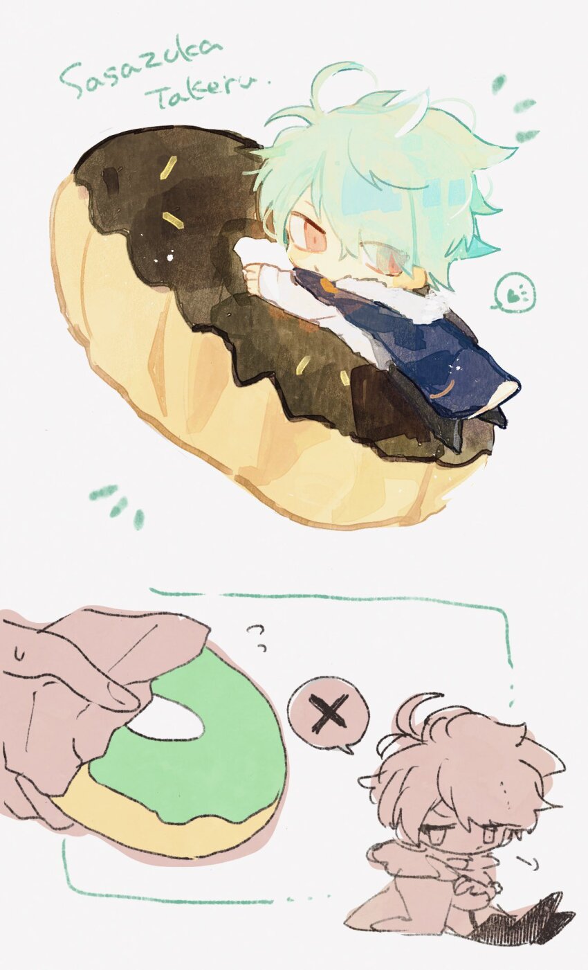 1boy, 1other, aqua_hair, character_name, chibi, collar_x_malice, collared_shirt, disembodied_hand