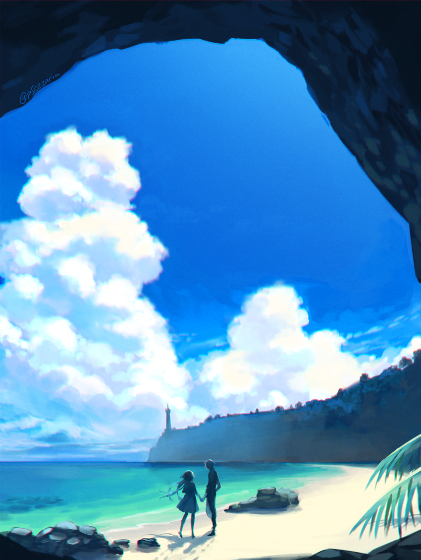 1boy, 1girl, beach, blue_sky, cave, cezaria, cloud, cloudy_sky