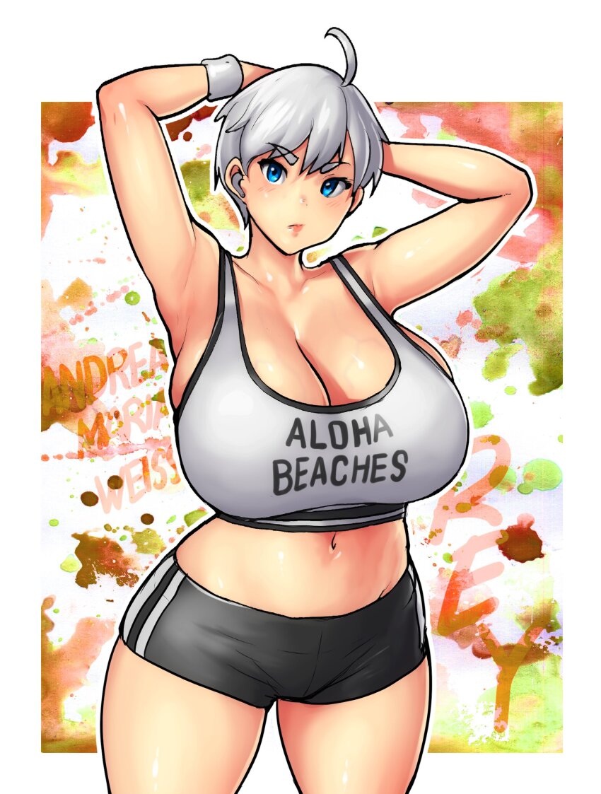 1girl, absurdres, armpits, arms_behind_head, black_shorts, blue_eyes, breasts, cleavage