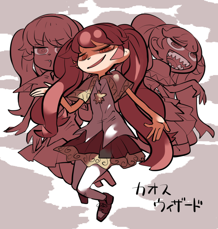 1girl, @_@, capelet, chaos_wizard_(spectral_wizard), character_name, evil_smile, fang, full_body, furrowed_brow, half-closed_eyes, hand_up, highres, jewelry, limited_palette, long_hair, looking_at_viewer, multiple_views, oxfords, pantyhose, pendant, pleated_skirt, red_eyes, red_hair, red_skirt, sharp_teeth, shirt, skirt, smile, spectral_wizard_(series), swept_bangs, teeth, tirarizun, twintails, v-shaped_eyebrows, white_pantyhose, white_shirt