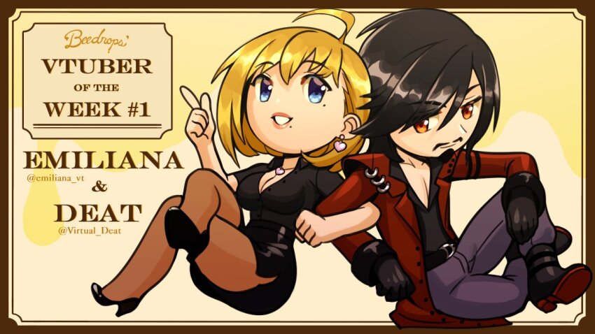 1boy, 1girl, ahoge, artist_name, beedrops, belt, belt_buckle, black_belt, black_footwear, black_gloves, black_shirt, black_skirt, blonde_hair, blue_eyes, boots, border, breasts, brown_border, brown_eyes, brown_hair, brown_pantyhose, buckle, character_name, chibi, cleavage, clenched_hand, collar_chain_(jewelry), collared_shirt, commentary, deat_(vtuber), earrings, emiliana_(vtuber), english_commentary, english_text, facial_hair, finger_gun, gloves, goatee, heart, heart_earrings, heart_necklace, high_heels, indie_virtual_youtuber, jacket, jewelry, locked_arms, medium_breasts, mole, mole_under_eye, mole_under_mouth, mustache, necklace, open_mouth, pants, pantyhose, purple_pants, red_jacket, shirt, short_hair, side_slit, skirt, smile, swept_bangs, twitter_username, v-neck, virtual_youtuber