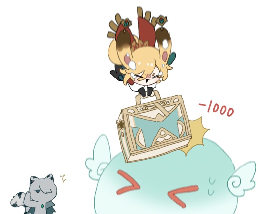 >_<, 2boys, alhaitham_(genshin_impact), animal_ears, animal_print, blonde_hair, briefcase, closed_eyes