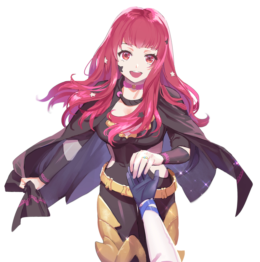 1girl, 1other, alear_(fire_emblem), ambiguous_gender, belt, black_bodysuit, black_cape, bodysuit, cape, choker, clothing_cutout, commentary_request, fire_emblem, fire_emblem_engage, hair_ornament, heavelle, holding_hands, jewelry, long_hair, looking_at_viewer, nintendo, open_mouth, out_of_frame, pink_choker, pov, pov_hands, red_eyes, red_hair, ring, simple_background, smile, star_(symbol), star_hair_ornament, teeth, upper_teeth_only, white_background, yellow_belt, yunaka_(fire_emblem)