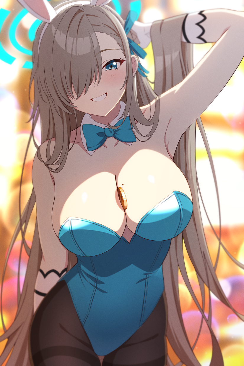 1girl, animal_ears, arm_behind_head, arm_up, armpits, asuna_(blue_archive), asuna_(bunny)_(blue_archive), bare_shoulders