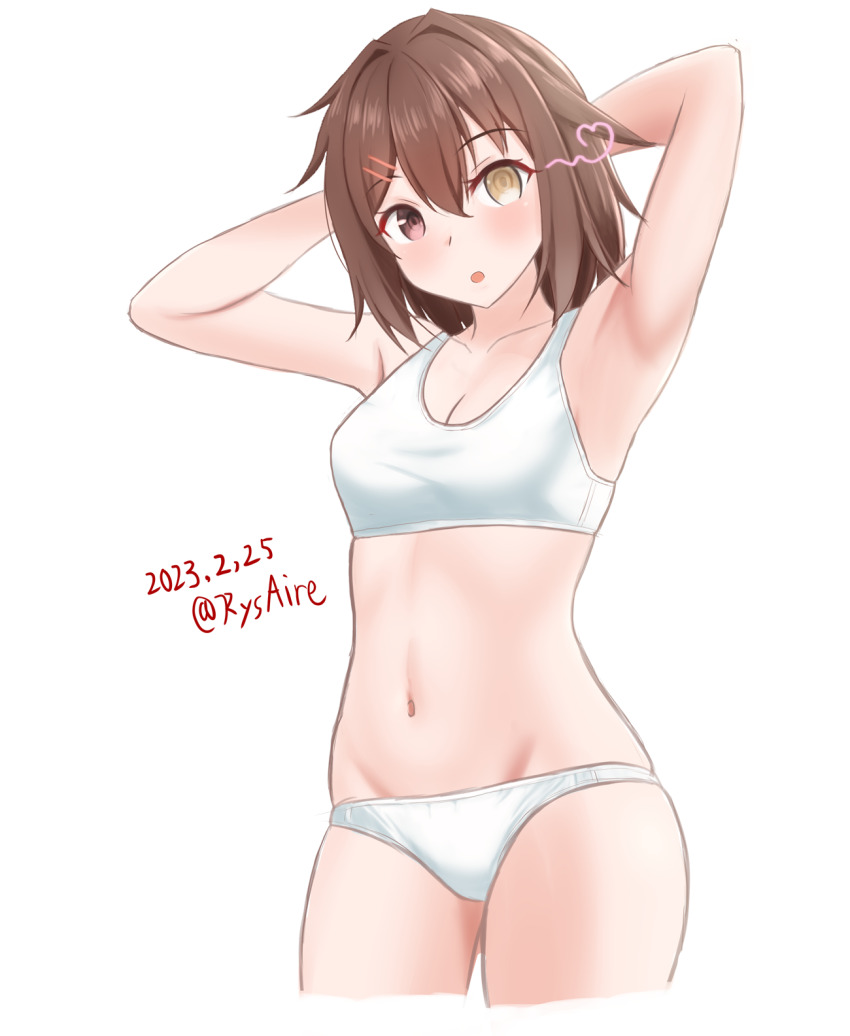 1girl, ame-san, arms_behind_head, arms_up, bra, breasts, brown_hair, collarbone