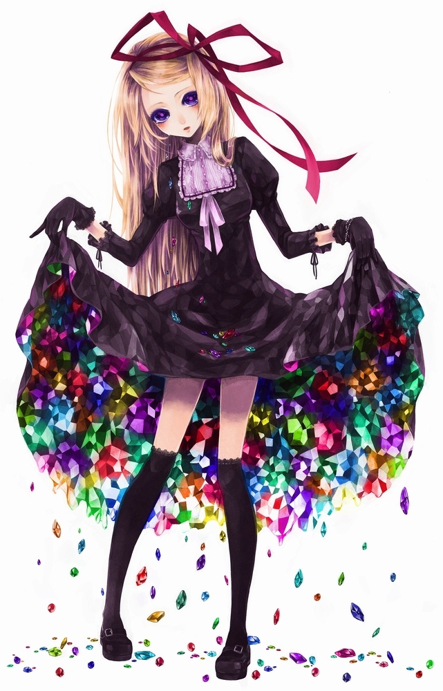1girl, a_world_underneath, alternate_body_fluid, black_shoes, black_socks, blonde_hair, clothes_lift, colorful, crystal, curtsey, dress, dress_lift, female_focus, frilled_kneehighs, frills, full_body, gem, gloves, goth_fashion, hair_ribbon, holding_own_dress, kneehighs, lace, lace-trimmed_legwear, lace_trim, legs, lolita_fashion, long_hair, mary_janes, original, purple_eyes, ribbon, rokushiro_koushi, shoes, simple_background, skirt_basket, socks, solo, standing, tearra, tears, thighhighs, white_background