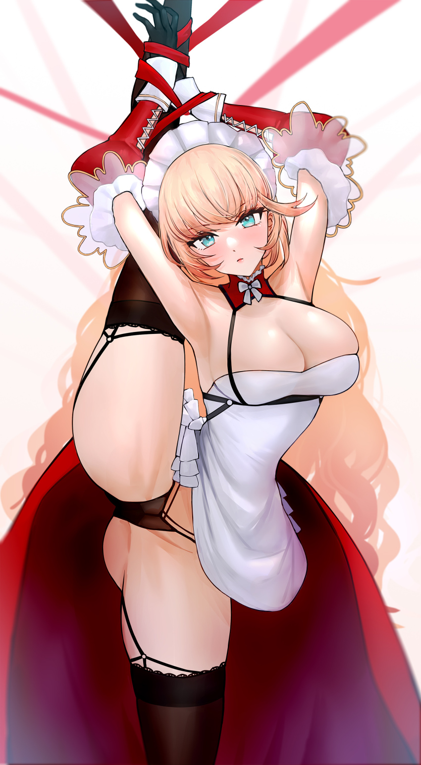 absurdres, apron, armpits, azur_lane, bare_shoulders, bdsm, blonde_hair, blue_eyes, bondage, bound, breasts, cl_(summer_sama), cleavage, curly_hair, detached_sleeves, frilled_sleeves, frills, gluteal_fold, highres, howe_(azur_lane), howe_(pastry_princess)_(azur_lane), lace, large_breasts, long_sleeves, looking_at_viewer, maid, maid_apron, maid_headdress, necktie, official_alternate_costume, panties, red_ribbon, red_skirt, ribbon, serious, simple_background, skirt, split, standing, standing_on_one_leg, standing_split, thighhighs, underwear