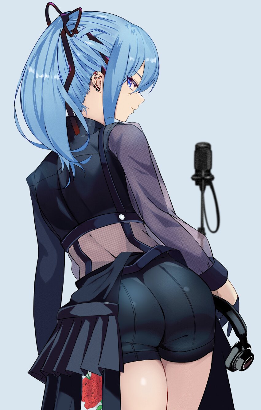 1girl, absurdres, ass, black_ribbon, blue_eyes, blue_hair, ear_piercing, flower, from_behind, hair_ribbon, headphones, highres, hololive, hoshimachi_suisei, hoshimachi_suisei_(shout_in_crisis), looking_at_viewer, looking_back, median_furrow, microphone, piercing, pleated_skirt, ponytail, ribbon, rose, see-through_clothes, see-through_sleeves, shorts, sidelocks, skirt, smile, solo, tomo0843, virtual_youtuber